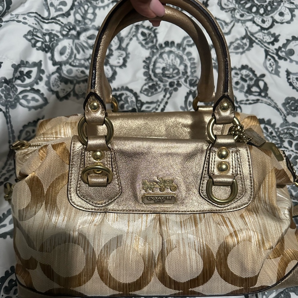 Coach Metallic Gold and Tan Signature Satchel